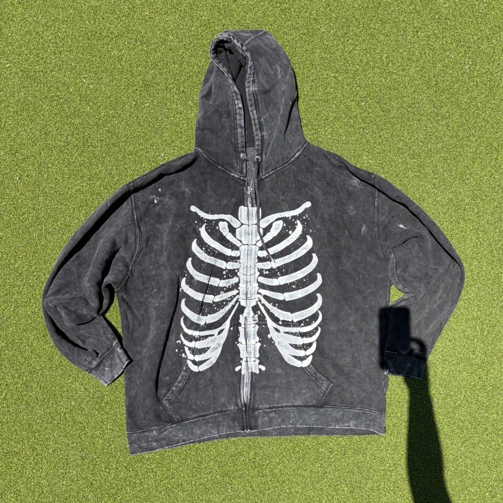 Skeleton Rib Cage Graphic Zip Up Hoodie Acid Wash Black Streetwear